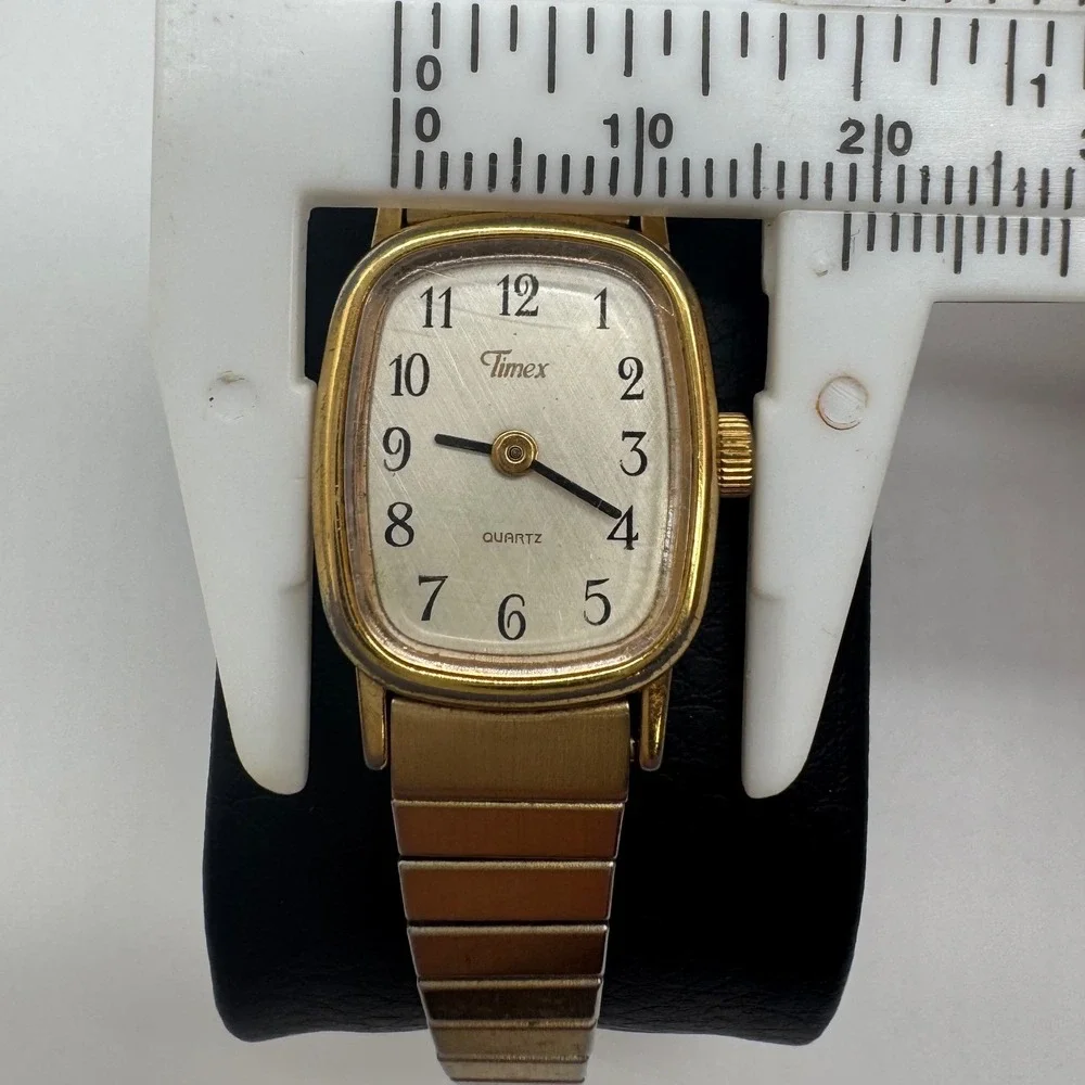 Vintage Timex Quartz Watch Gold Tone Cushion Case Expansion Band needs bat